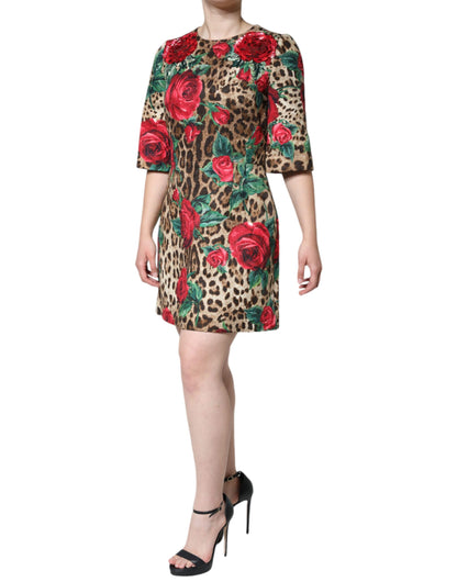 Dolce & Gabbana Women's A Line Short-Sleeve Silk Viscose Cotton & Polyester Short Dress - Brown Red Leopard Print Floral Print