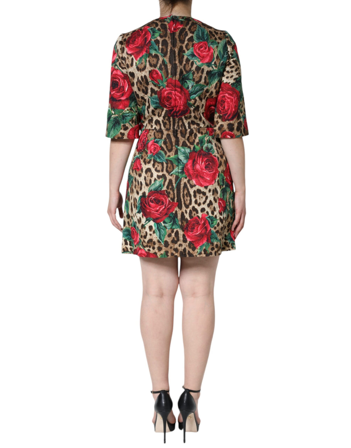 Dolce & Gabbana Women's A Line Short-Sleeve Silk Viscose Cotton & Polyester Short Dress - Brown Red Leopard Print Floral Print