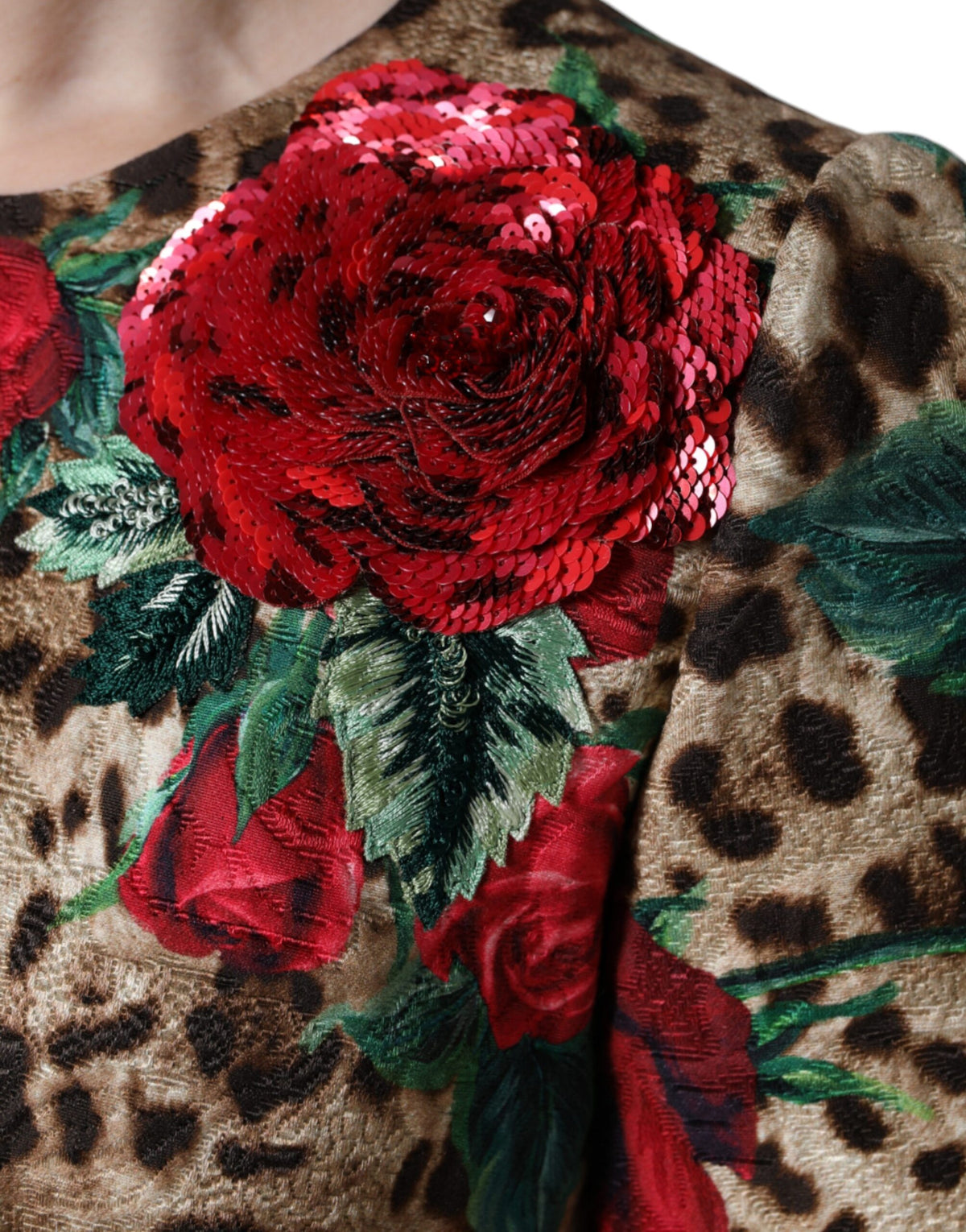 Dolce & Gabbana Women's A Line Short-Sleeve Silk Viscose Cotton & Polyester Short Dress - Brown Red Leopard Print Floral Print