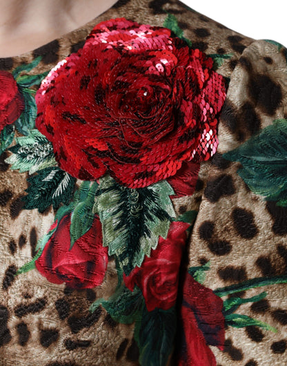 Dolce & Gabbana Women's A Line Short-Sleeve Silk Viscose Cotton & Polyester Short Dress - Brown Red Leopard Print Floral Print