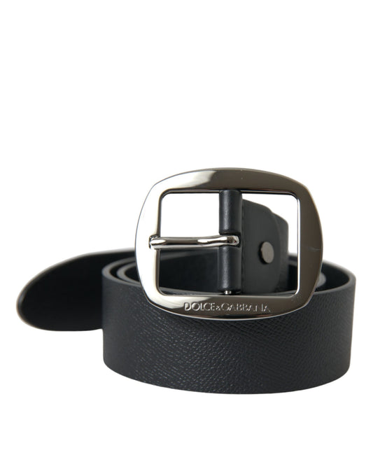 Black Calf Leather Silver Metal Buckle Belt