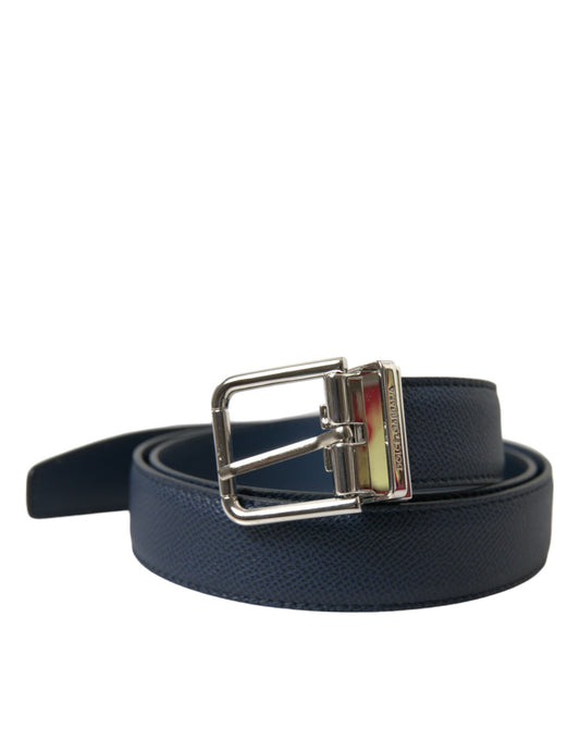 Navy Blue Leather Silver Metal Buckle Belt