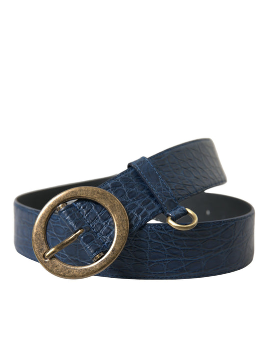 Blue Leather Gold Oval Buckle Wide Belt