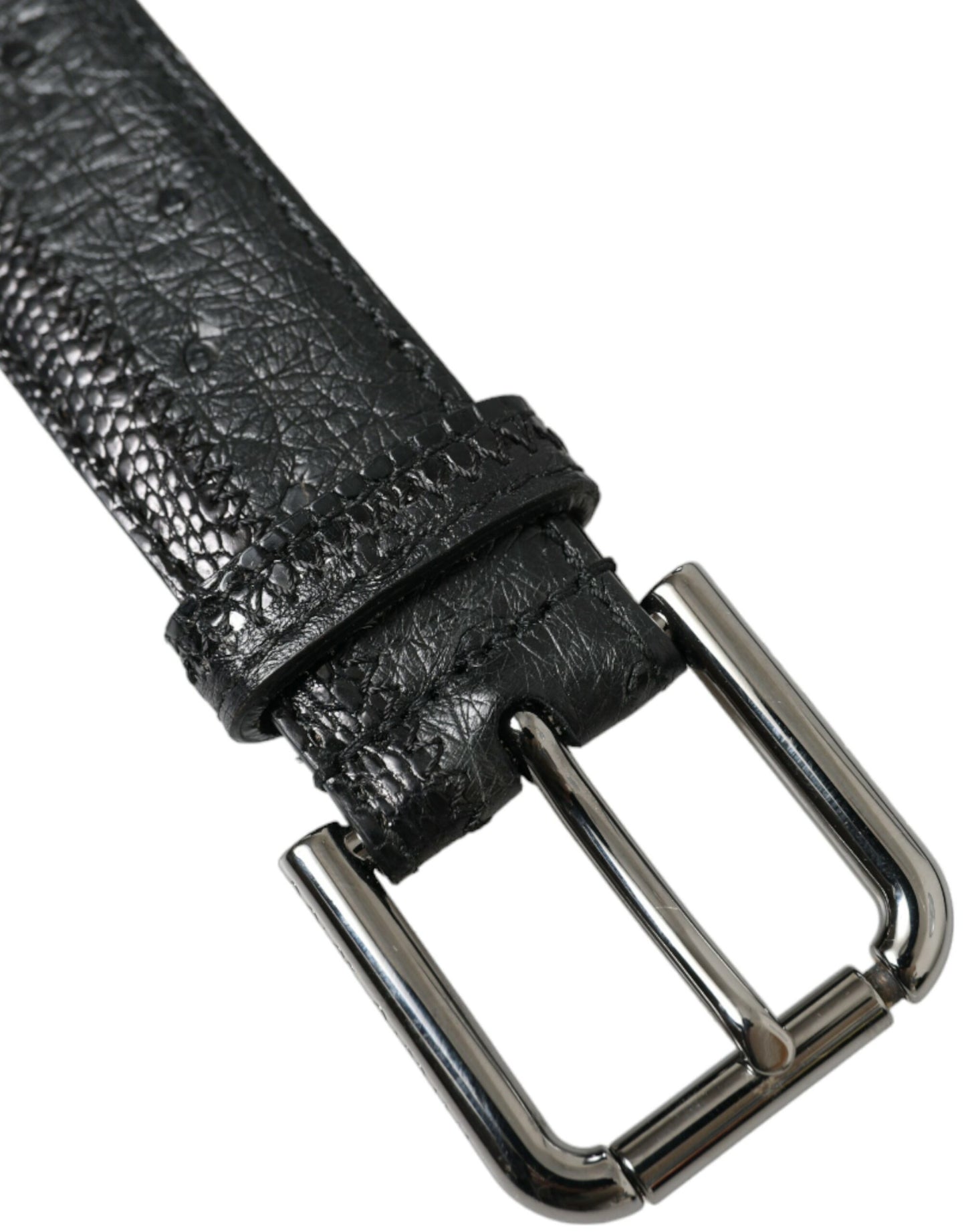 Black Exotic Leather Silver Metal Buckle Belt