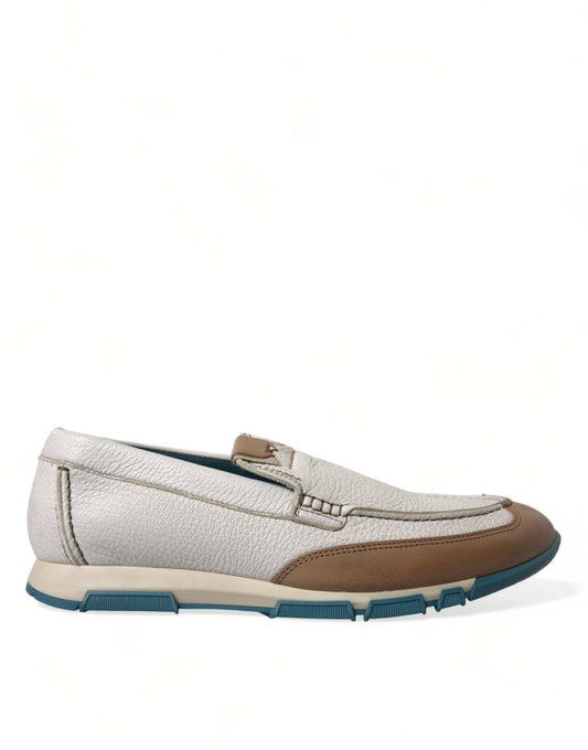 White Brown Leather Slip On Men Moccasin Shoes