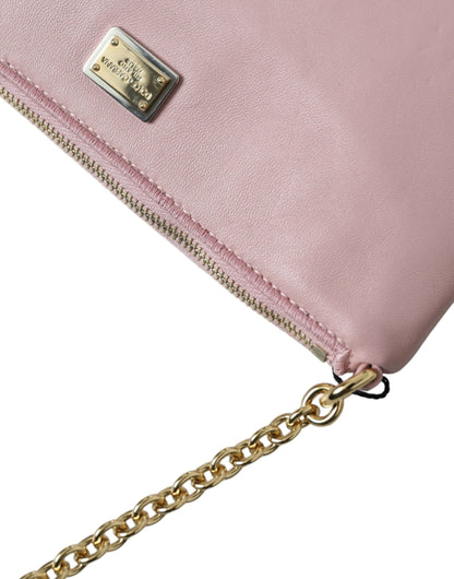 Pink Floral Embroidered Leather Chain Clutch Bag