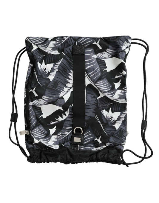 Black Leaf Print Adjustable Drawstring Nap Sack Bag