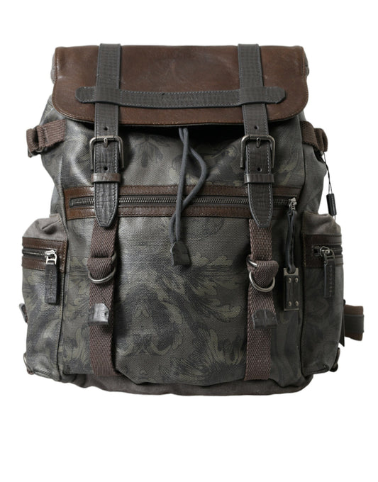 Green Brown Baroque Canvas Leather Rucksack Backpack Bag
