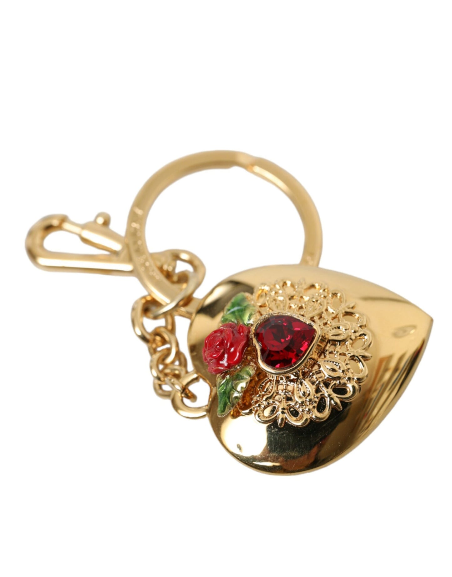 Metallic Gold Brass Heart Floral Pendant Keychain Keyring