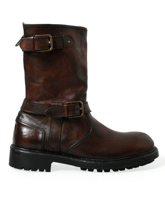 Brown Leather Mid Calf Biker Boots Shoes