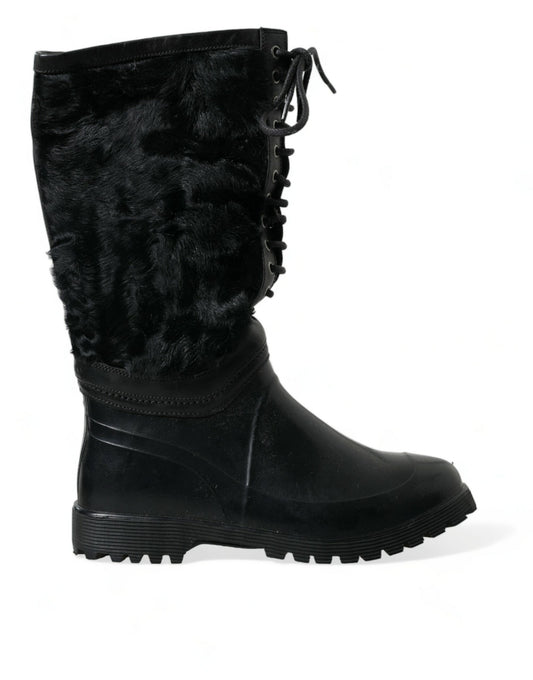 Black Rubber Lace Up Shearling Rain Boots Shoes