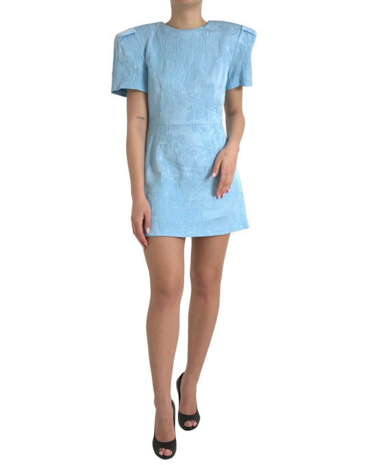 Elegant Sky-Blue Floral Jacquard Mini Dress