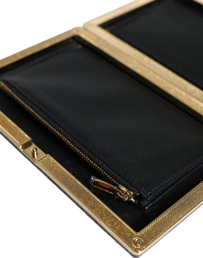Dolce & Gabbana Leather Brass Compact Evening Crossbody Box Clutch Convertible Handbag - Black Gold Maroon