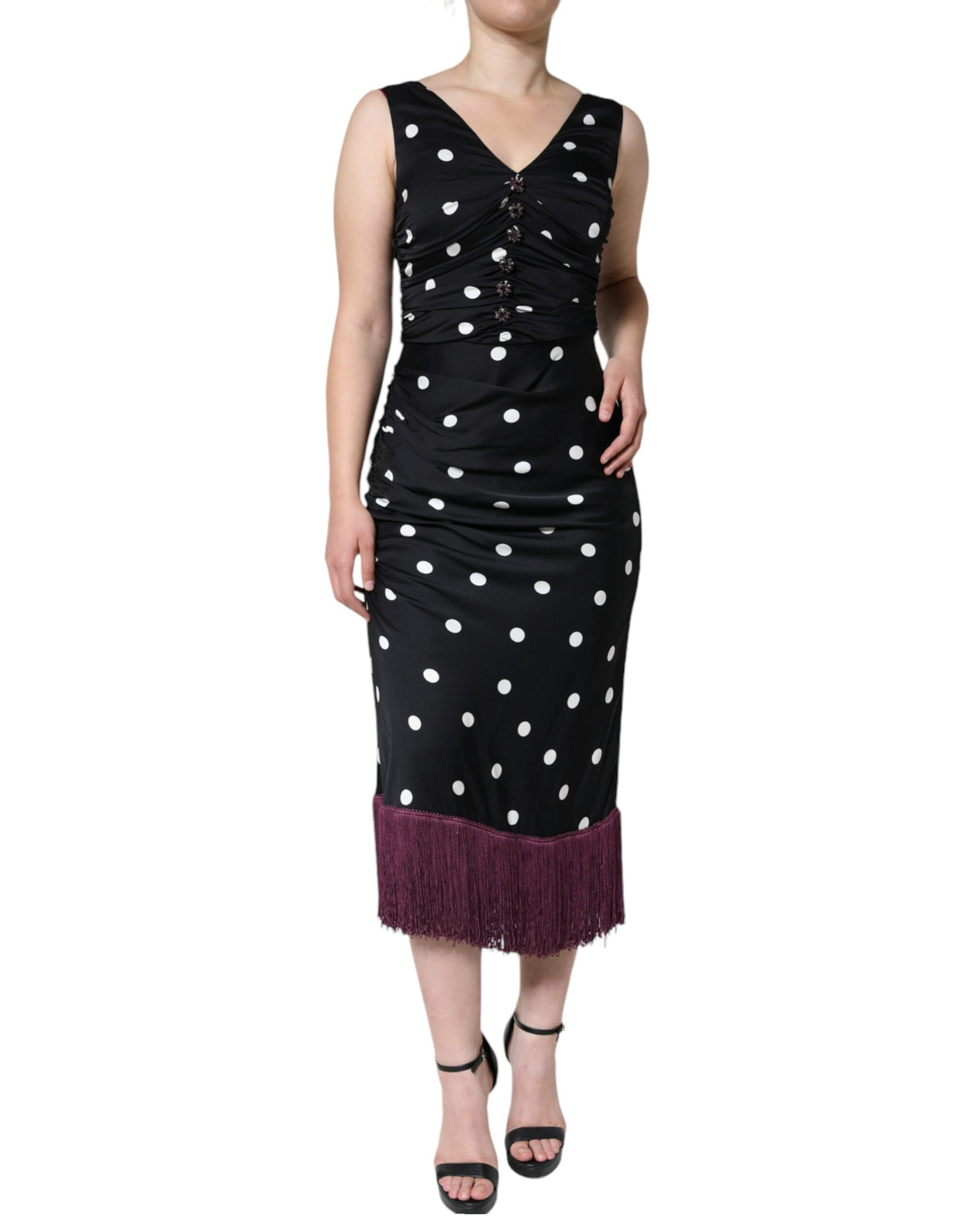 Dolce & Gabbana Women's Sheath Sleeveless V Neck Stretch Cotton Nylon & Silk Midi Dress - Black Dots Patterned