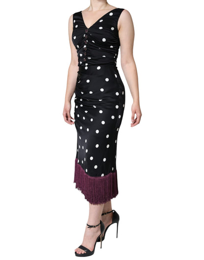 Dolce & Gabbana Women's Sheath Sleeveless V Neck Stretch Cotton Nylon & Silk Midi Dress - Black Dots Patterned