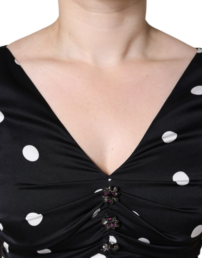 Dolce & Gabbana Women's Sheath Sleeveless V Neck Stretch Cotton Nylon & Silk Midi Dress - Black Dots Patterned