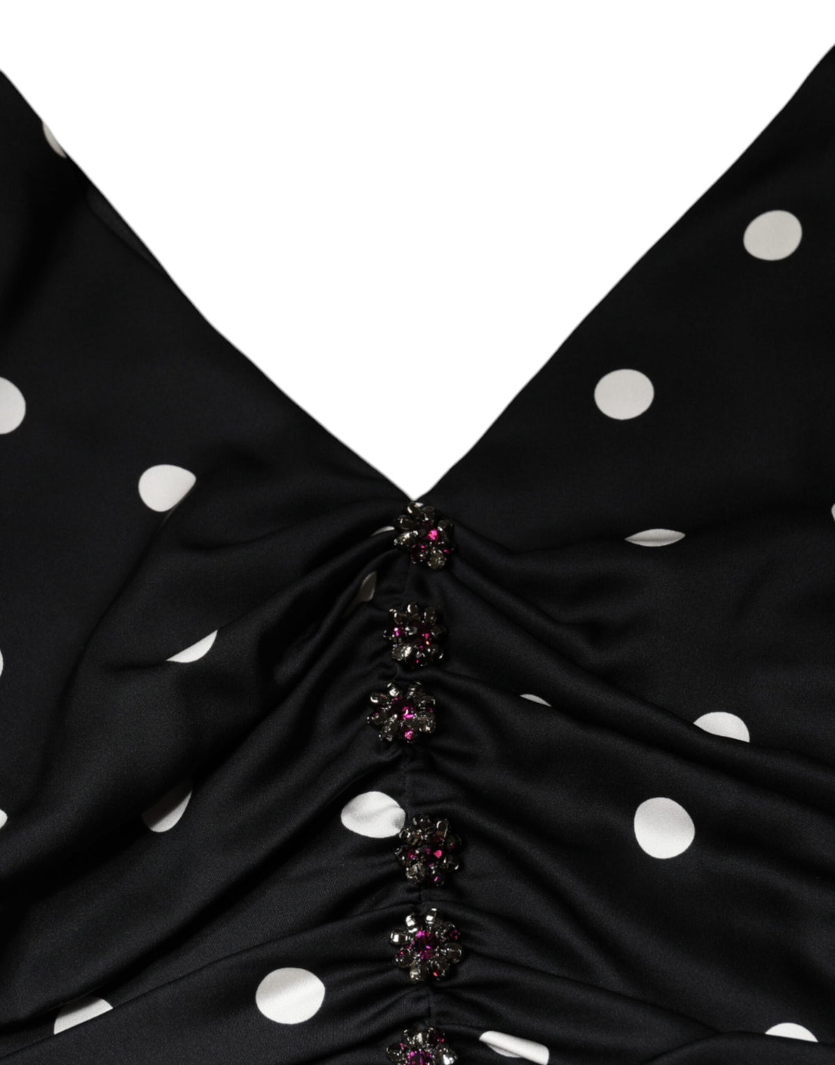 Dolce & Gabbana Women's Sheath Sleeveless V Neck Stretch Cotton Nylon & Silk Midi Dress - Black Dots Patterned