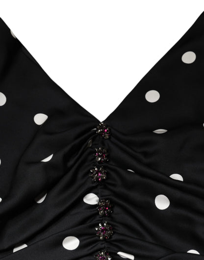 Dolce & Gabbana Women's Sheath Sleeveless V Neck Stretch Cotton Nylon & Silk Midi Dress - Black Dots Patterned