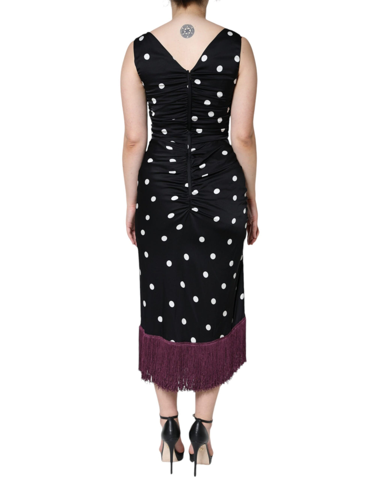 Dolce & Gabbana Women's Sheath Sleeveless V Neck Stretch Cotton Nylon & Silk Midi Dress - Black Dots Patterned