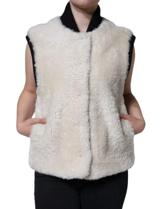 Burberry Women's White WARRENFORD Shearling Leather Vest Coat Jacket