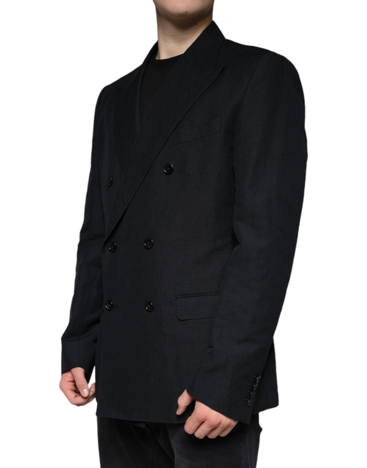 Dolce & Gabbana Men's Double Breasted Linen & Cotton Blazer - Black