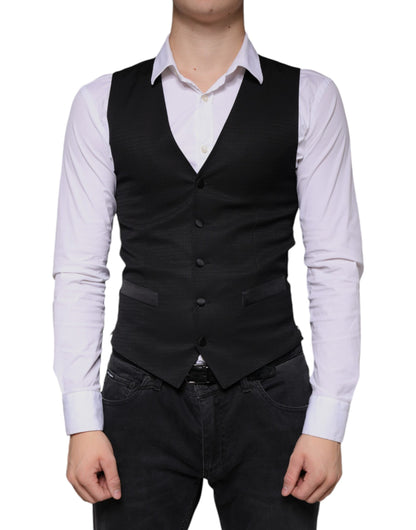 Dolce & Gabbana Men's Single Breasted Polyester Silk Viscose & Wool Vest - Black
