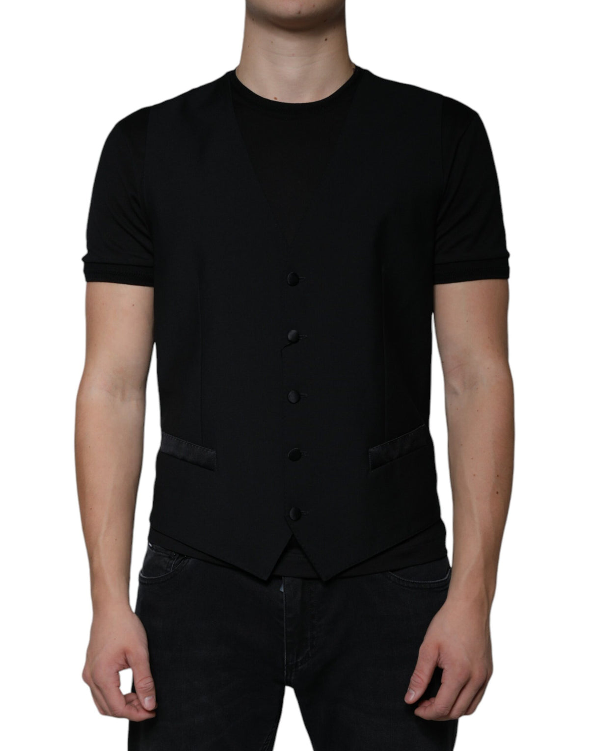 Dolce & Gabbana Men's Single Breasted Virgin Wool Silk Polyester & Viscose Vest - Black