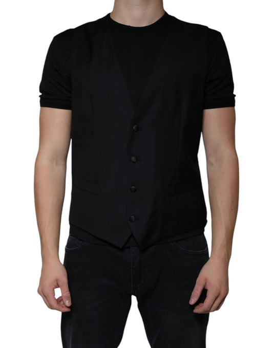 Dolce & Gabbana Men's Single Breasted Virgin Wool Viscose & Cupro Vest - Black