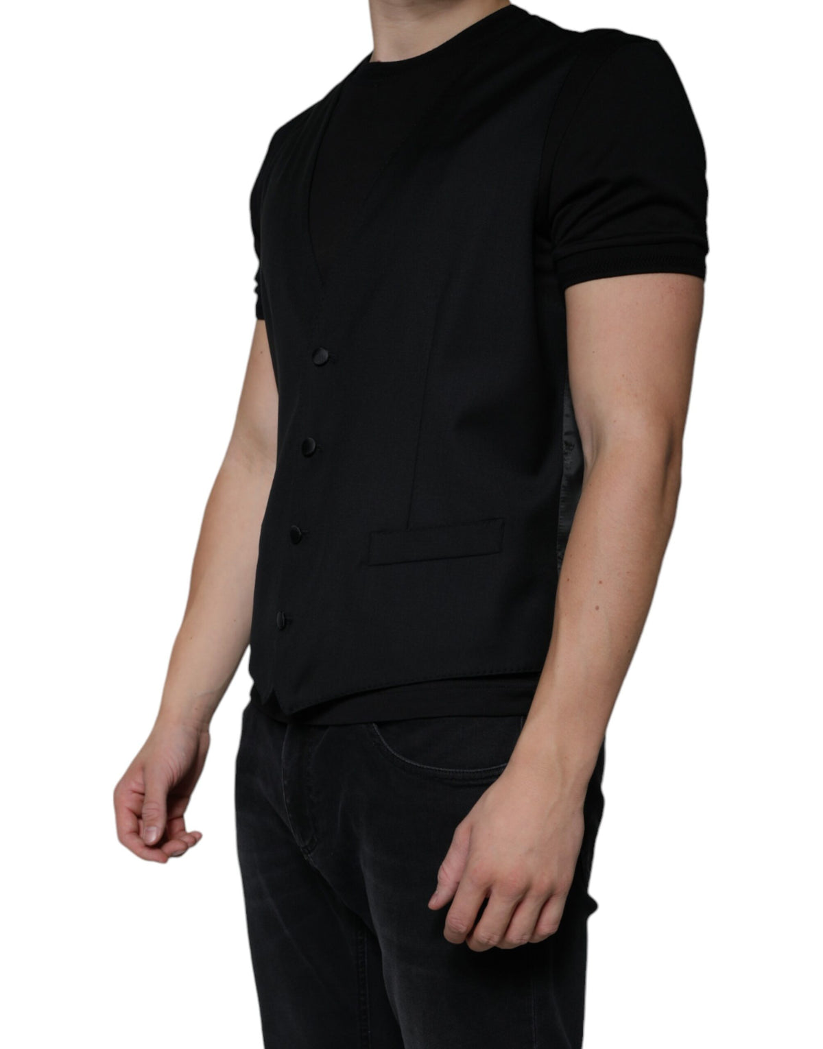 Dolce & Gabbana Men's Single Breasted Virgin Wool Viscose & Cupro Vest - Black
