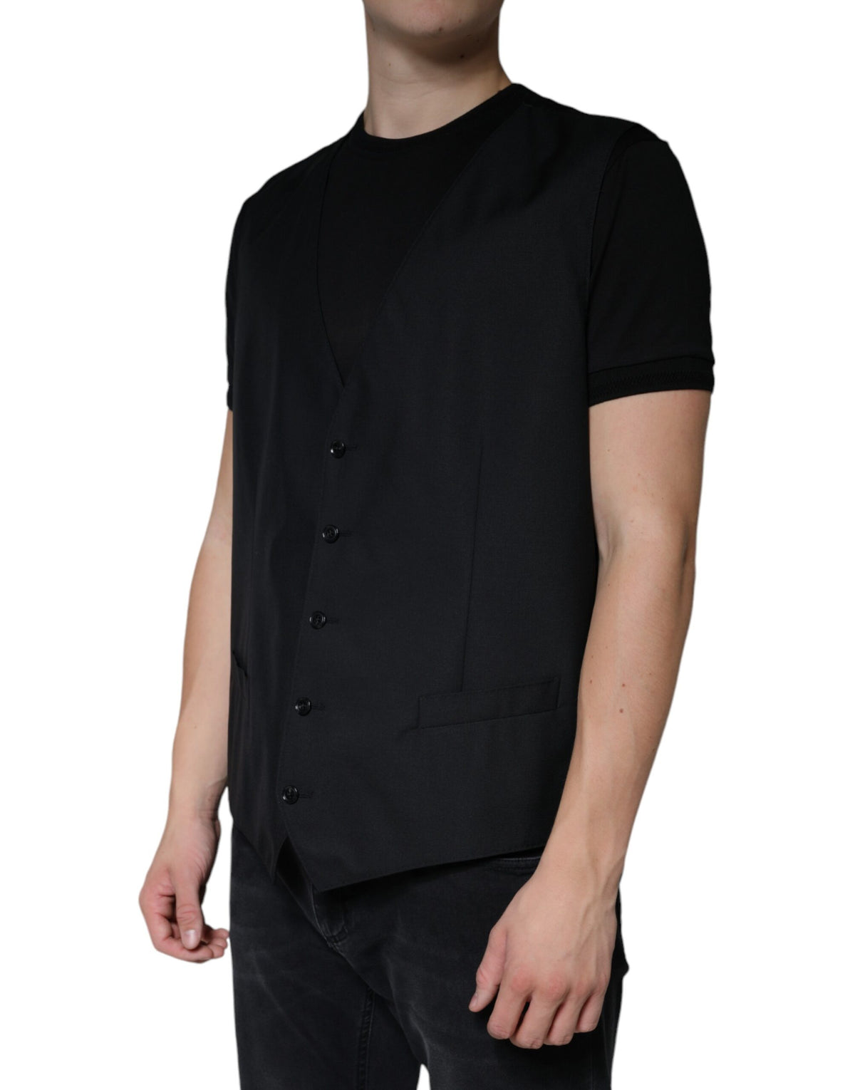 Dolce & Gabbana Men's Single Breasted Virgin Wool Silk Viscose & Cupro Vest - Black