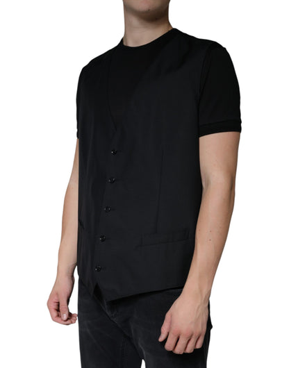 Dolce & Gabbana Men's Single Breasted Virgin Wool Silk Viscose & Cupro Vest - Black