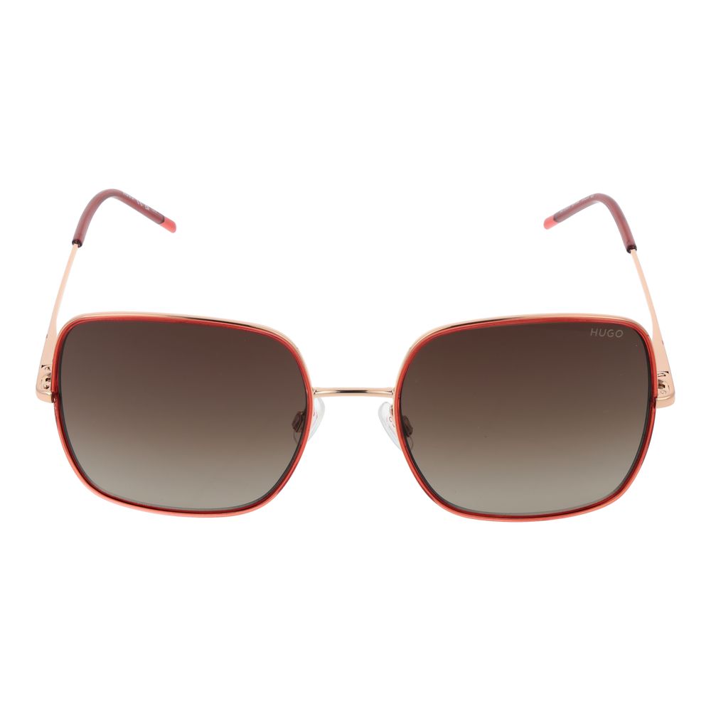 Sunglasses by Hugo Boss for women in red showcases a ethereal silhouette, featuring red coloured frame full-rim square frame design with gradient category-3-dark-tint lens for a ethereal finish.