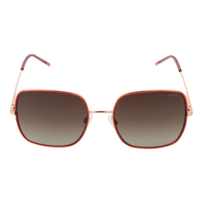 Sunglasses by Hugo Boss for women in red showcases a ethereal silhouette, featuring red coloured frame full-rim square frame design with gradient category-3-dark-tint lens for a ethereal finish.