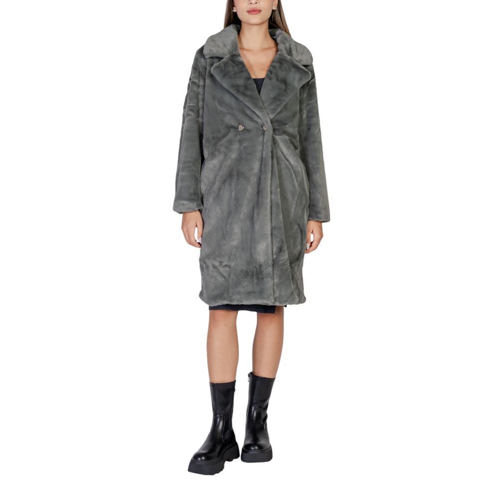 ICHI Black Polyester Fleece Double Breasted Coat