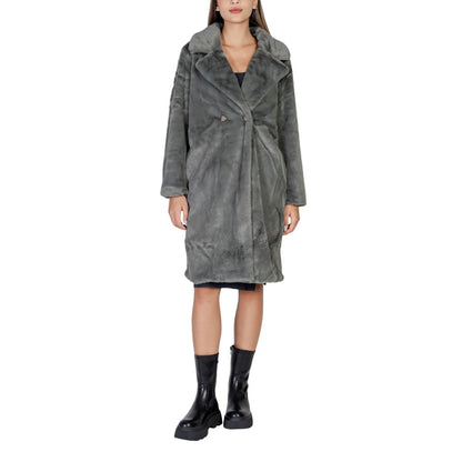 ICHI Black Polyester Fleece Double Breasted Coat