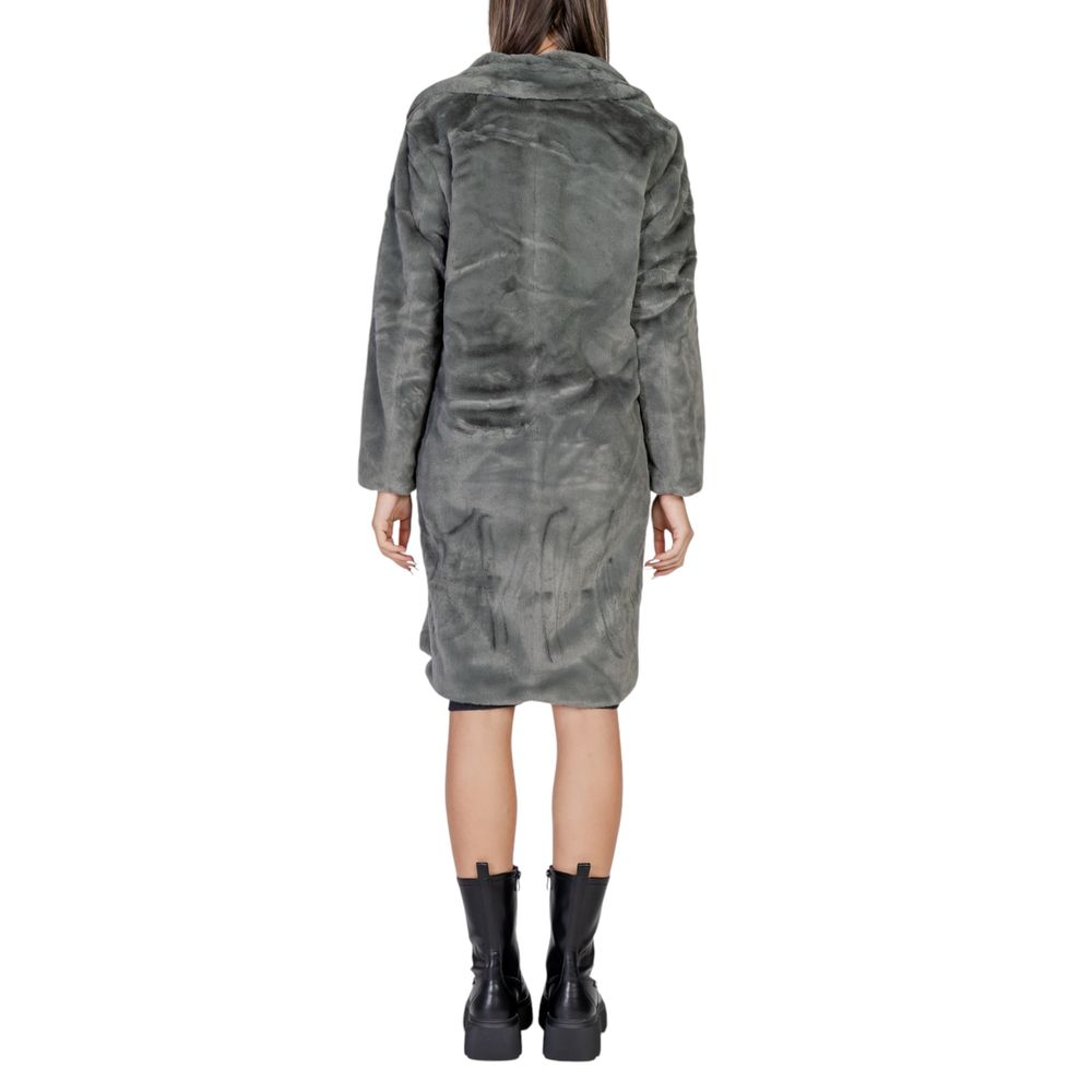 ICHI Black Polyester Fleece Double Breasted Coat