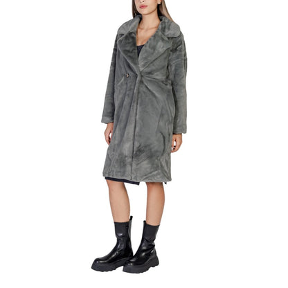 ICHI Black Polyester Fleece Double Breasted Coat