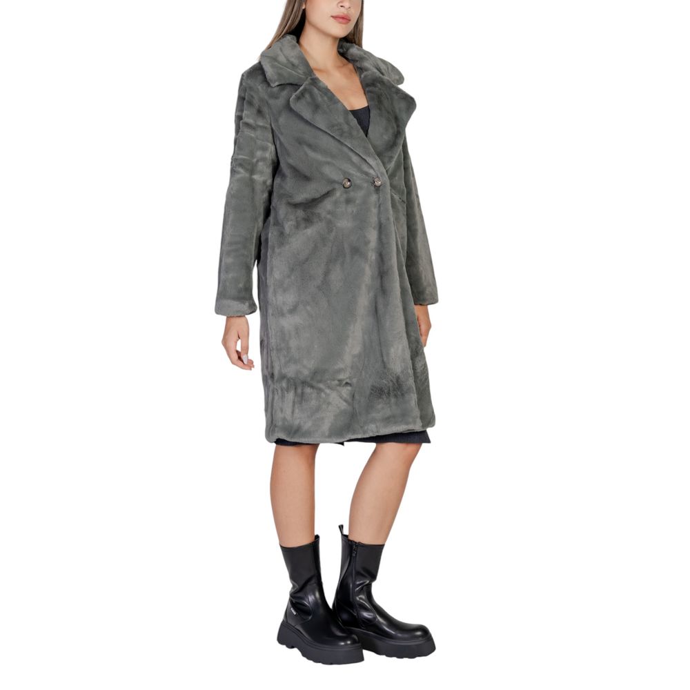 ICHI Black Polyester Fleece Double Breasted Coat