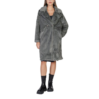 ICHI Black Polyester Fleece Double Breasted Coat