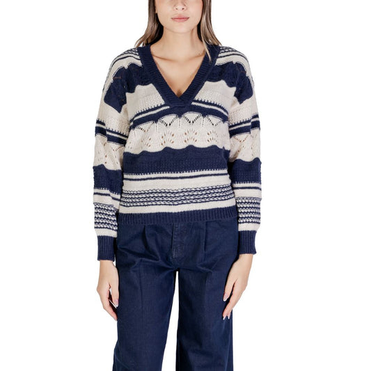 ICHI Blue Recycled Polyester V-neck Knit Sweater