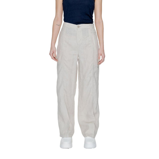Pants by Street One for women in linen beige features an understated silhouette, showcasing a sophisticated bootcut and long with a refined for an understated, polished aesthetic.
