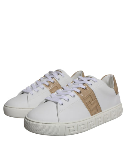 Versace Men's Low Top TU Leather Sneakers - Brown White Signature Print