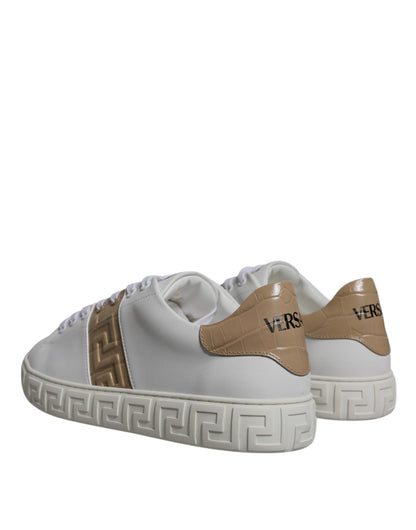 Versace Men's Low Top TU Leather Sneakers - Brown White Signature Print