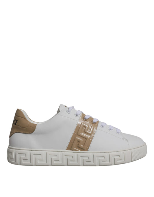 Versace Men's Low Top TU Leather Sneakers - Brown White Signature Print