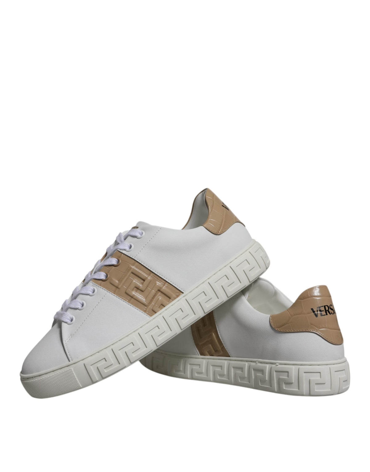 Versace Men's Low Top TU Leather Sneakers - Brown White Signature Print
