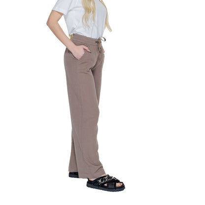 Pants by Street One for women in cotton brown features a stylish silhouette with a stylish wide, long, and .