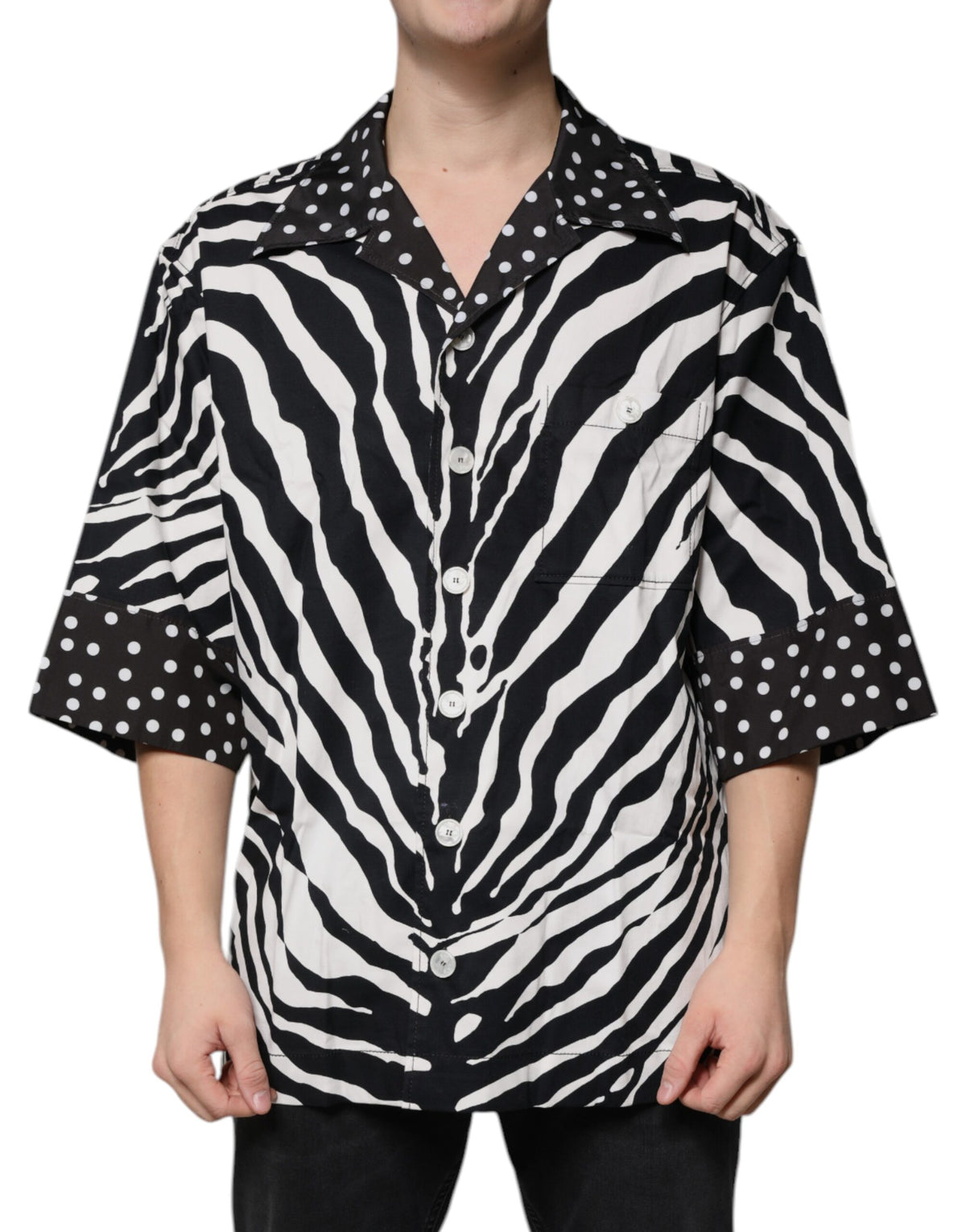 Dolce & Gabbana Men's Oversized Stretch Cotton & Nylon Shirt - Animal Black White Zebra Print