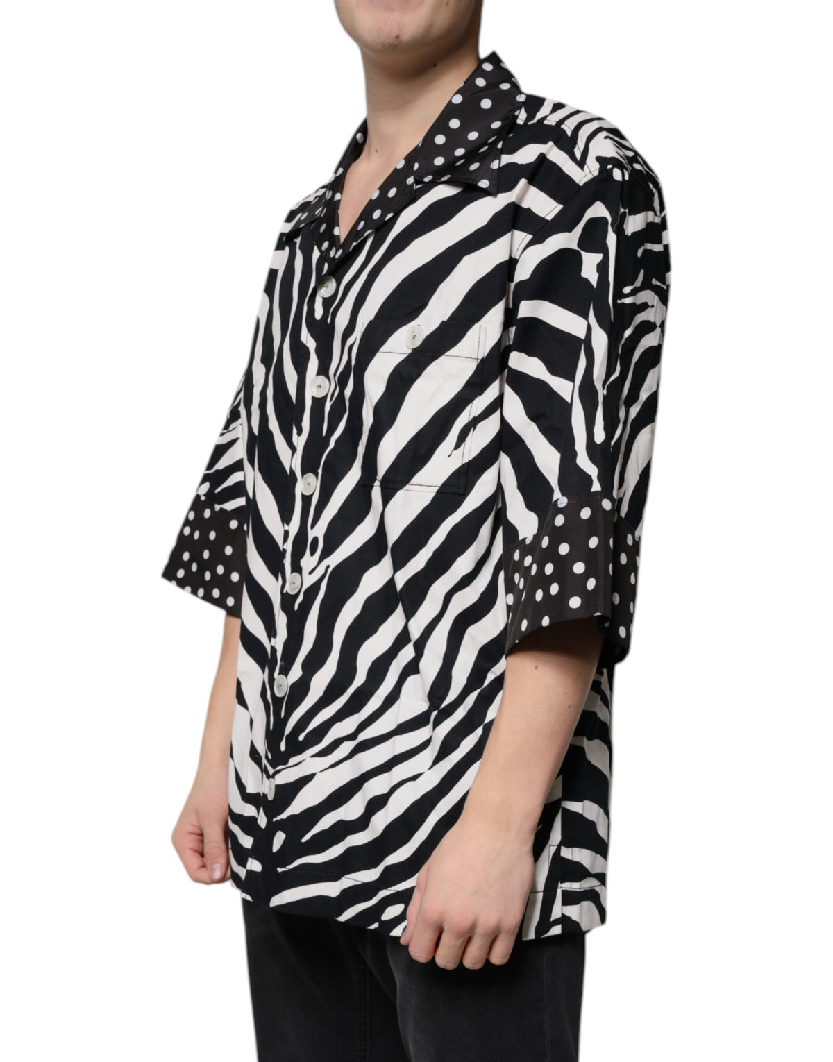 Dolce & Gabbana Men's Oversized Stretch Cotton & Nylon Shirt - Animal Black White Zebra Print