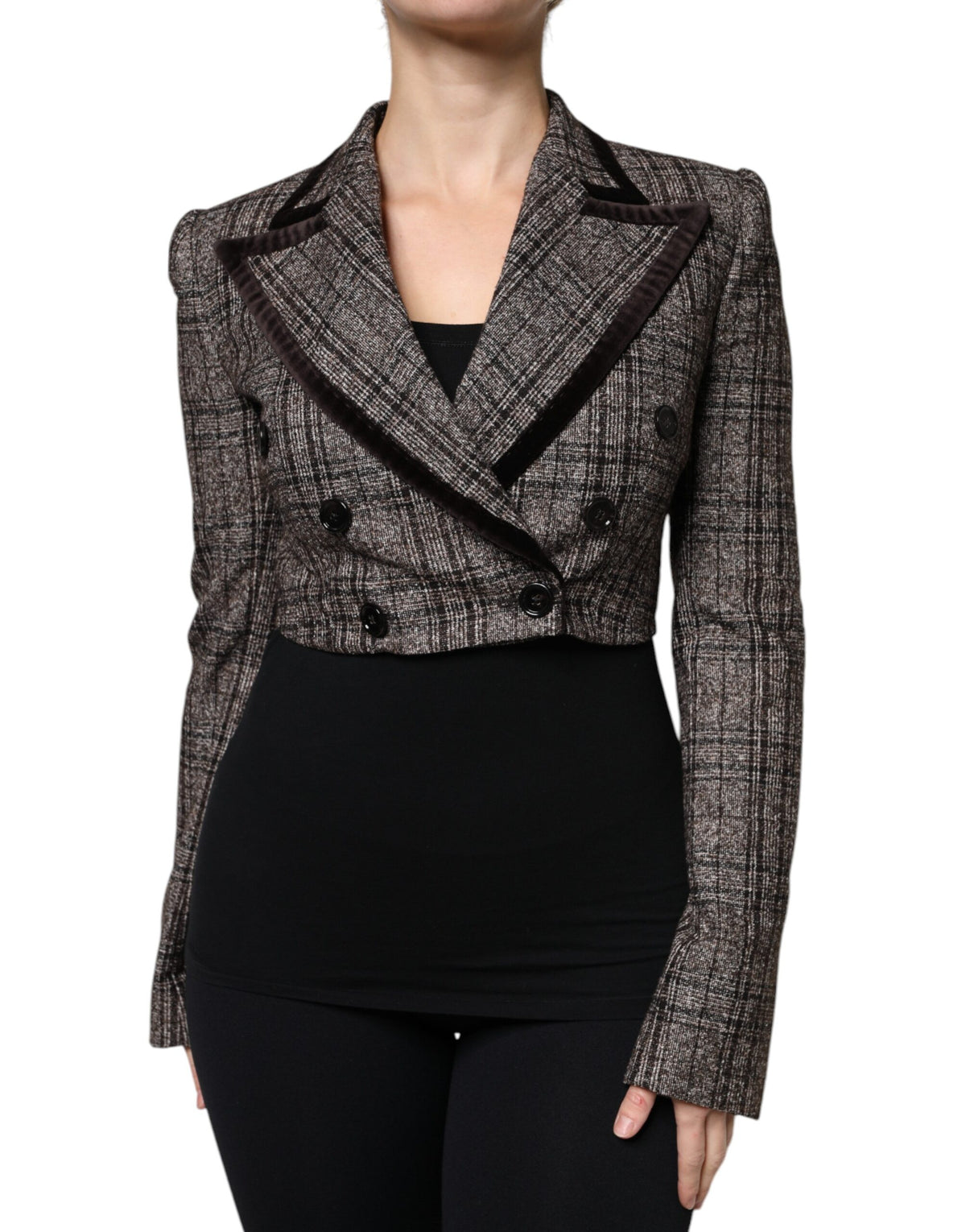 Dolce & Gabbana Women's Crop Top Cotton Nylon Polyester & Alpaca Wool Jacket - Brown Plaid