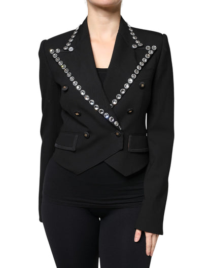 Dolce & Gabbana Women's Double Breasted Virgin Wool Silk Polyester & Crystal Blazer - Black
